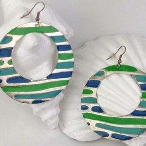 ♥️Bundle Only♥️ Vintage Style Enameled Blue & Green Hoop Disc Drop Earrings
